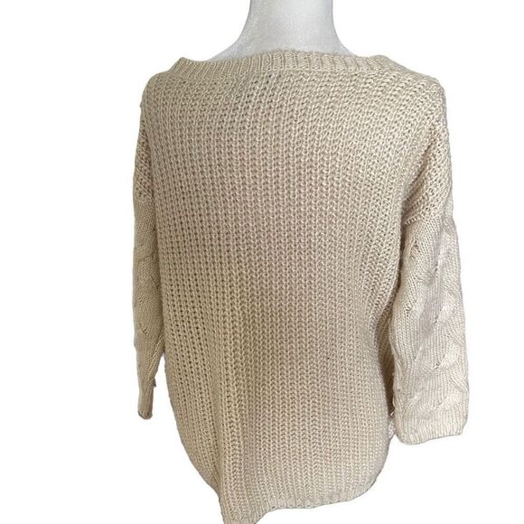 Ryu Women's Cable Knit Long Sleeve V-neck Pullover Sweater Tan Small to Medium - Picture 2 of 6